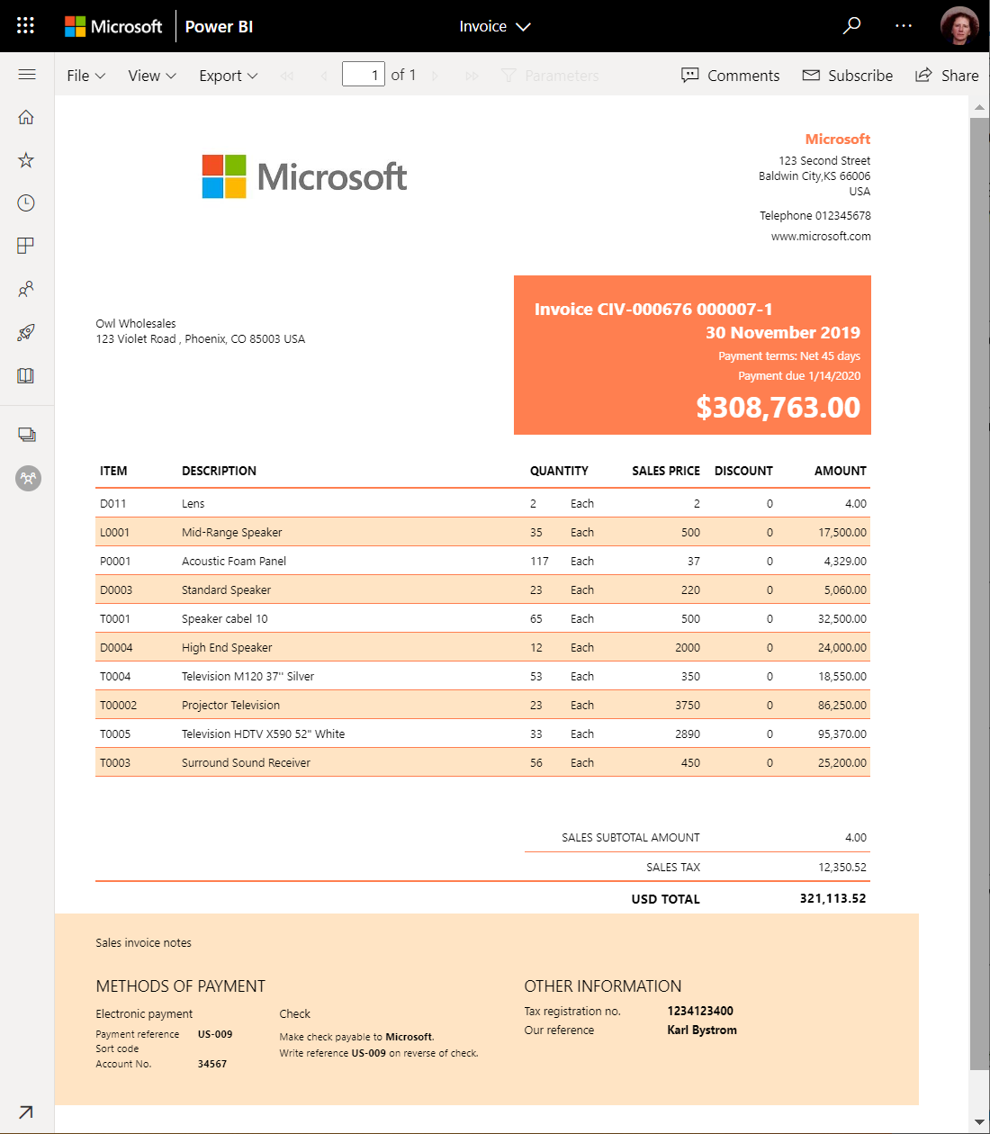 Képernyőkép a lapszámozott jelentésről a Power BI szolgáltatás.