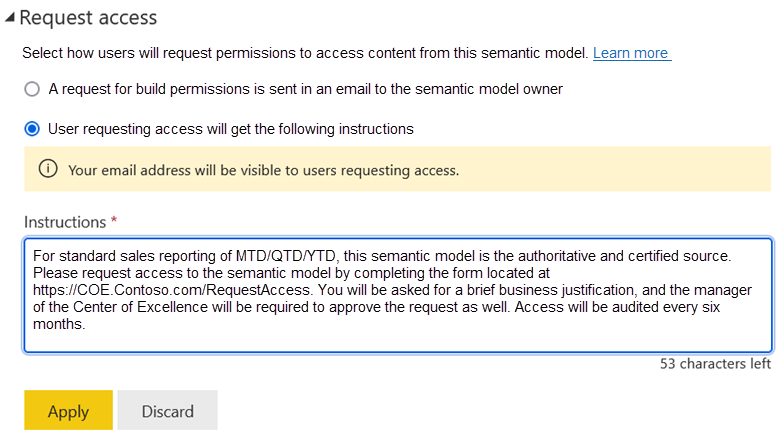 Képernyőkép egy szemantikai modell kérelemhozzáférés-beállításáról a Power BI szolgáltatás.