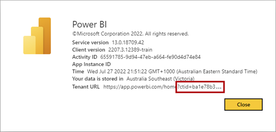 Képernyőkép a Power BI névjegy párbeszédablakról, amelyen az ügyfél bérlőazonosítója ki van emelve.