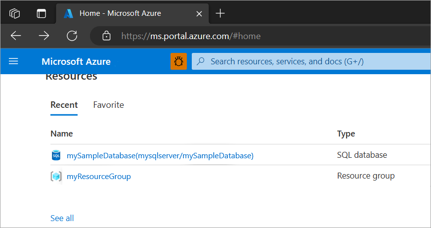 Képernyőkép az SQL-adatbázisról az Azure Portal Erőforrásai listájában.