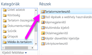 Képernyőkép a Tartalomszerkesztő kijelző kiválasztásáról.