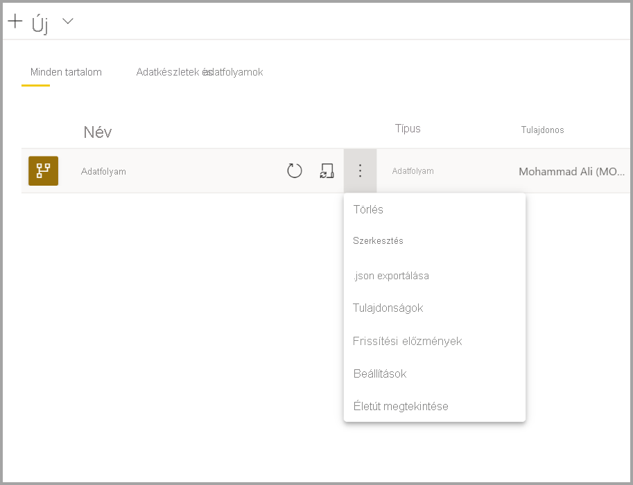 Képernyőkép egy Power BI-adatfolyam legördülő beállításairól.