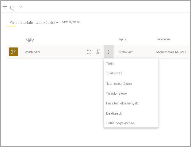 Screenshot of a selected dataflow with the more dropdown menu opened.