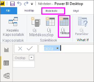 Screenshot of the Power BI Desktop menu ribbon with Table tools, New table and Data view highlighted.