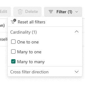 Screenshot of filtering relationships shown in the relationship list within the manage relationships dialog.