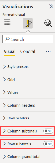 Képernyőkép a Power BI-vizualizációk panelről, amelyen az oszlop és sor részösszegek mezői láthatók.