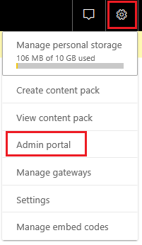 Rendszergazdai portál kiválasztása a Power BI szolgáltatásban.