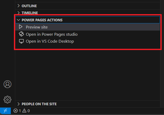 Power Pages Műveletek nézete a VS Code-ban.
