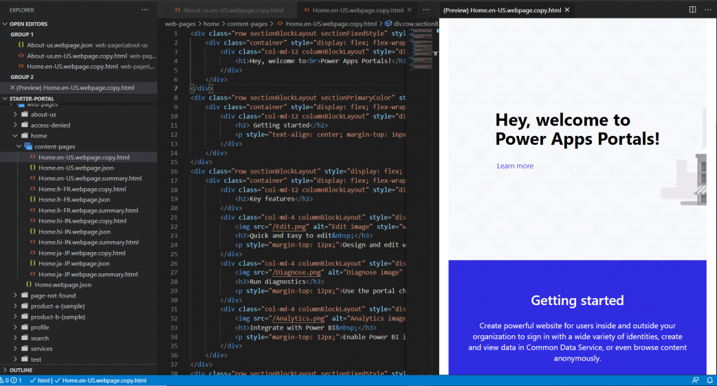 Képernyő fájllistával, megnyitott fájllal a Visual Studio Code szerkesztőben, valamint egy előnézetet a jobb oldalon.