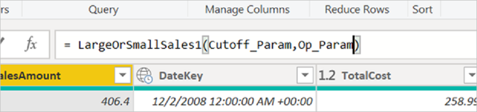 Képernyőkép a LargeOrSmallSales függvénnyel, a szerkesztőléc Cutoff_Param és Op_Param paramétereinek kiemelésével.