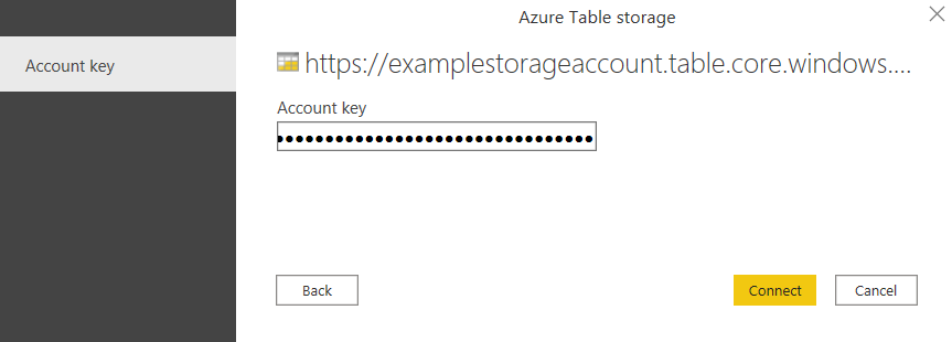 Képernyőkép az Azure Table Storage párbeszédpanelről, amelyen a tárterületbe beírt fiókkulcs látható.
