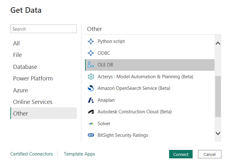 Screenshot of the Get Data dialog, showing OLE DB selected.