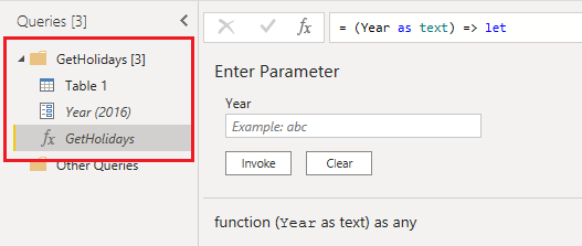 Screenshot of the Queries pane with the Get Holidays custom function and its data emphasized.