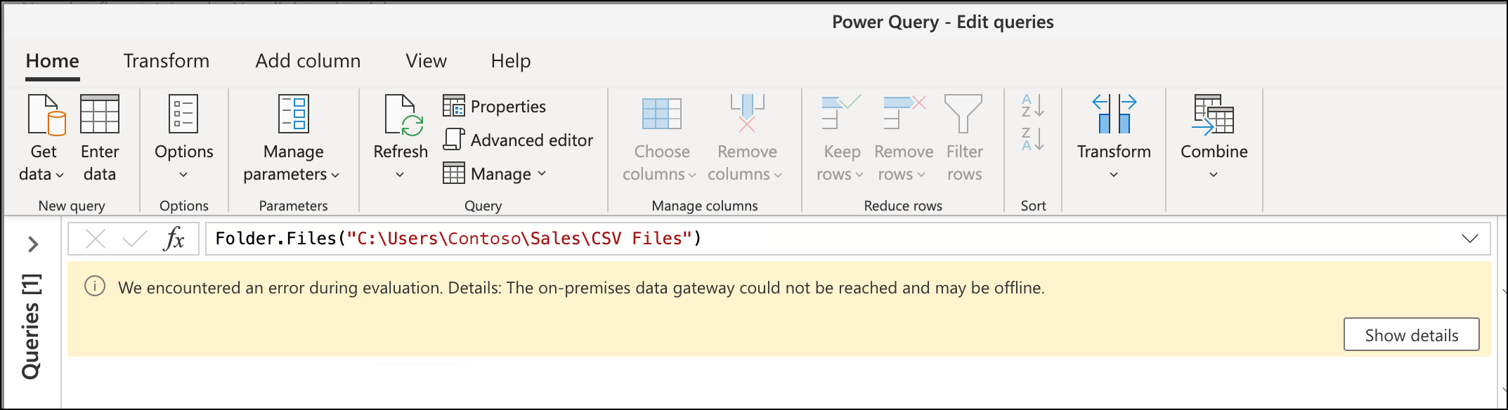 Image with a query that has an error message related to the data gateway being unreachable or offline.