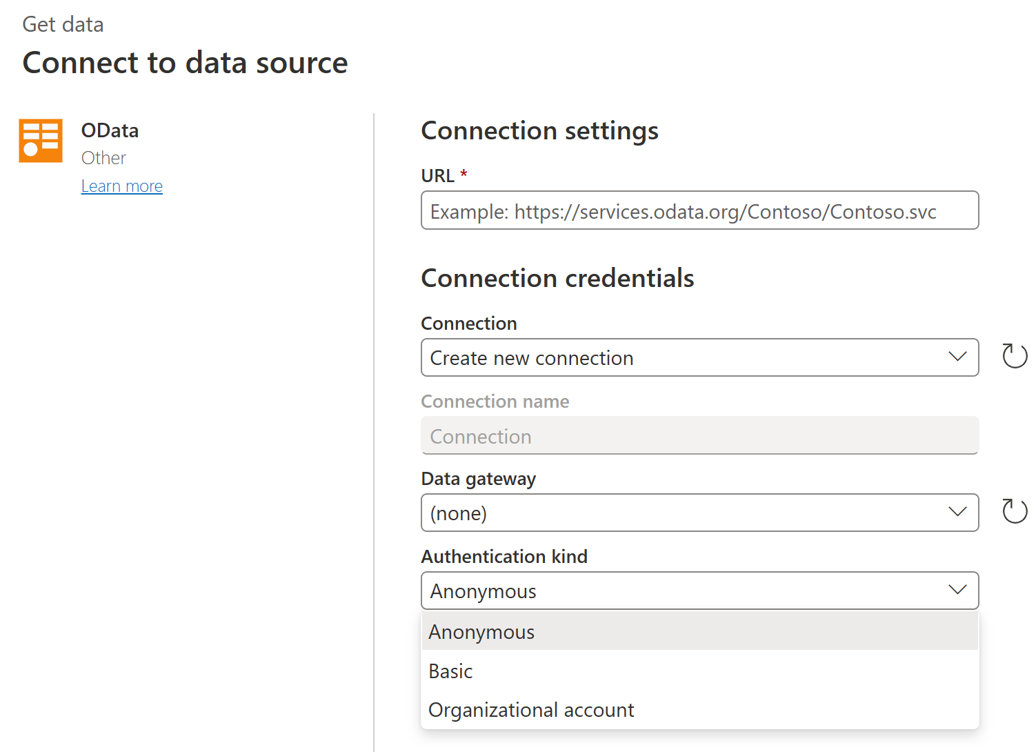 Képernyőkép a Power Query Online OData-összekötőjének adatforrásablakainak Csatlakozás.