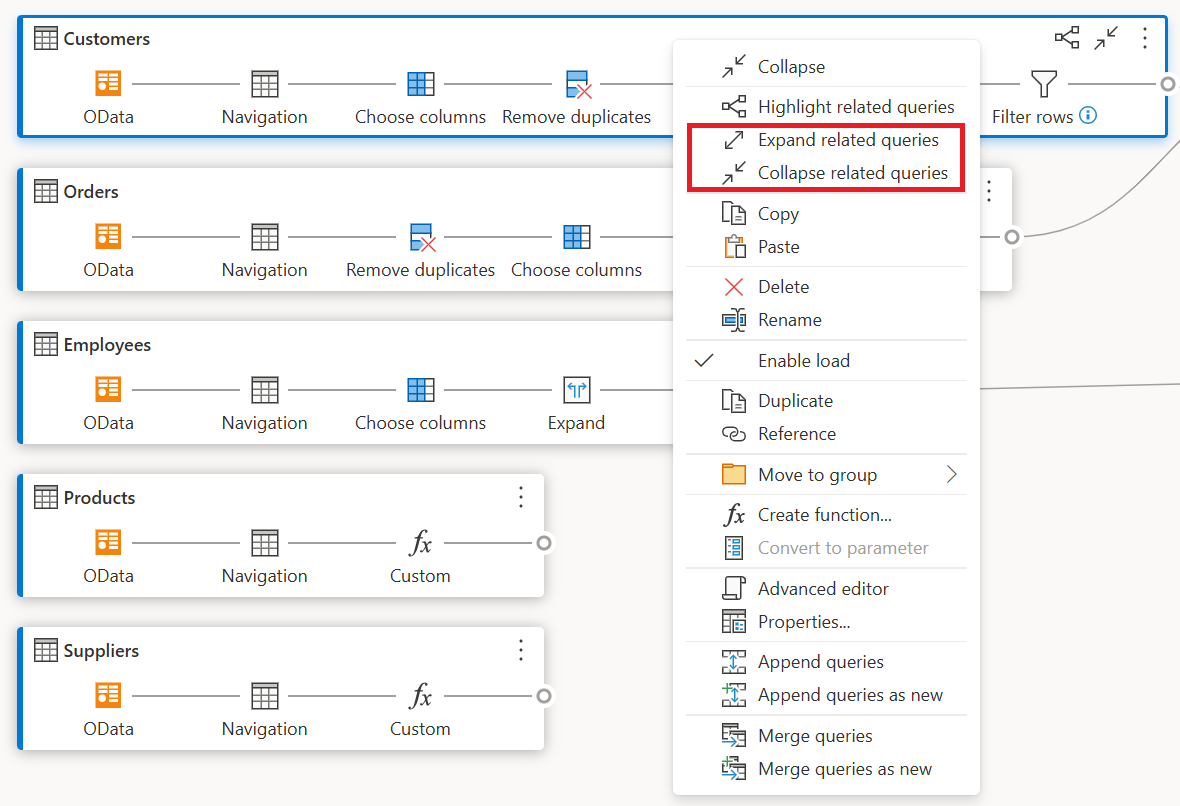 Képernyőkép a diagramnézet lekérdezésszintű helyi menüjéről a Kapcsolódó lekérdezések kibontása vagy összecsukása elem kiemelésével.