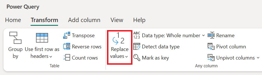 Képernyőkép az Átalakítás lap Csere értékeiről.