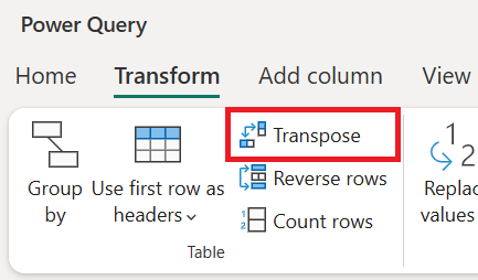 Képernyőkép az Átalakítás lap Transzponálás parancsáról.