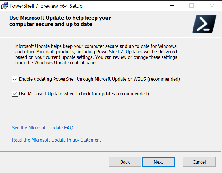 PowerShell-beállítás – Microsoft Update párbeszédpanel