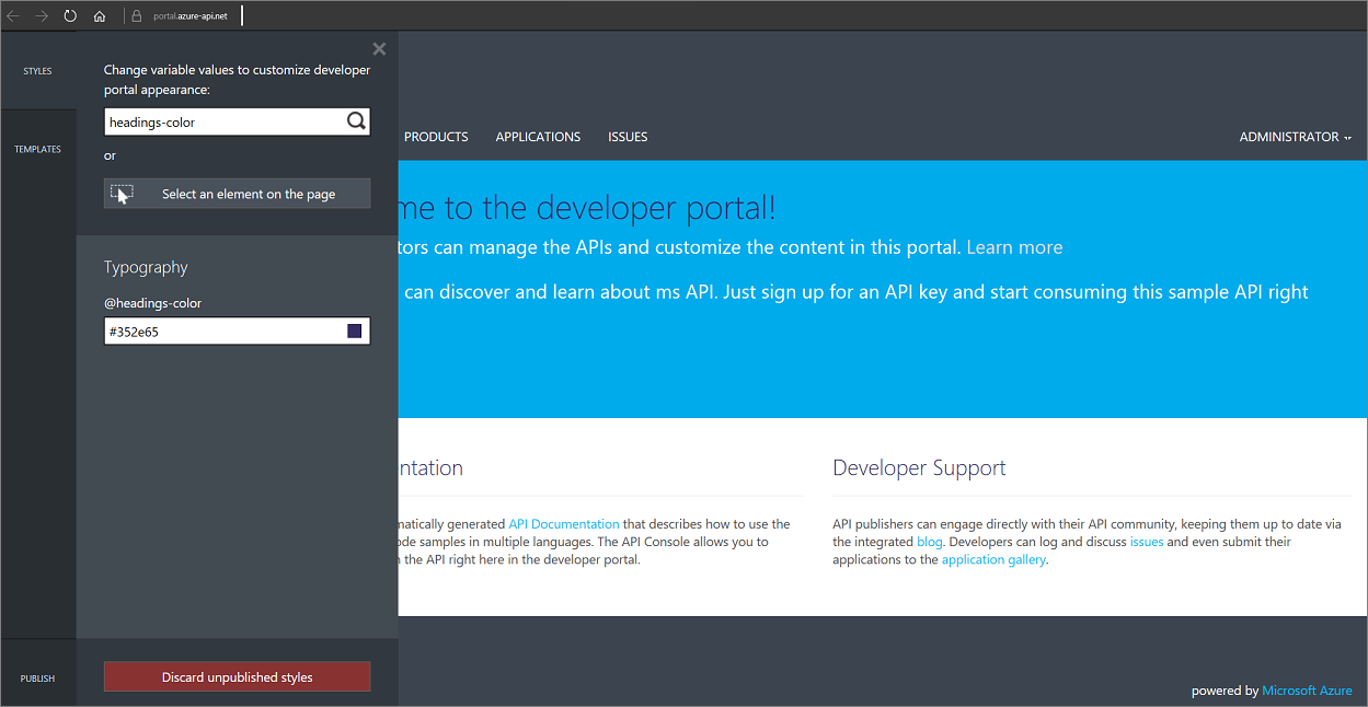 Képernyőkép arról, hogy hol módosíthatja a beállításokat az örökölt fejlesztői portálon.