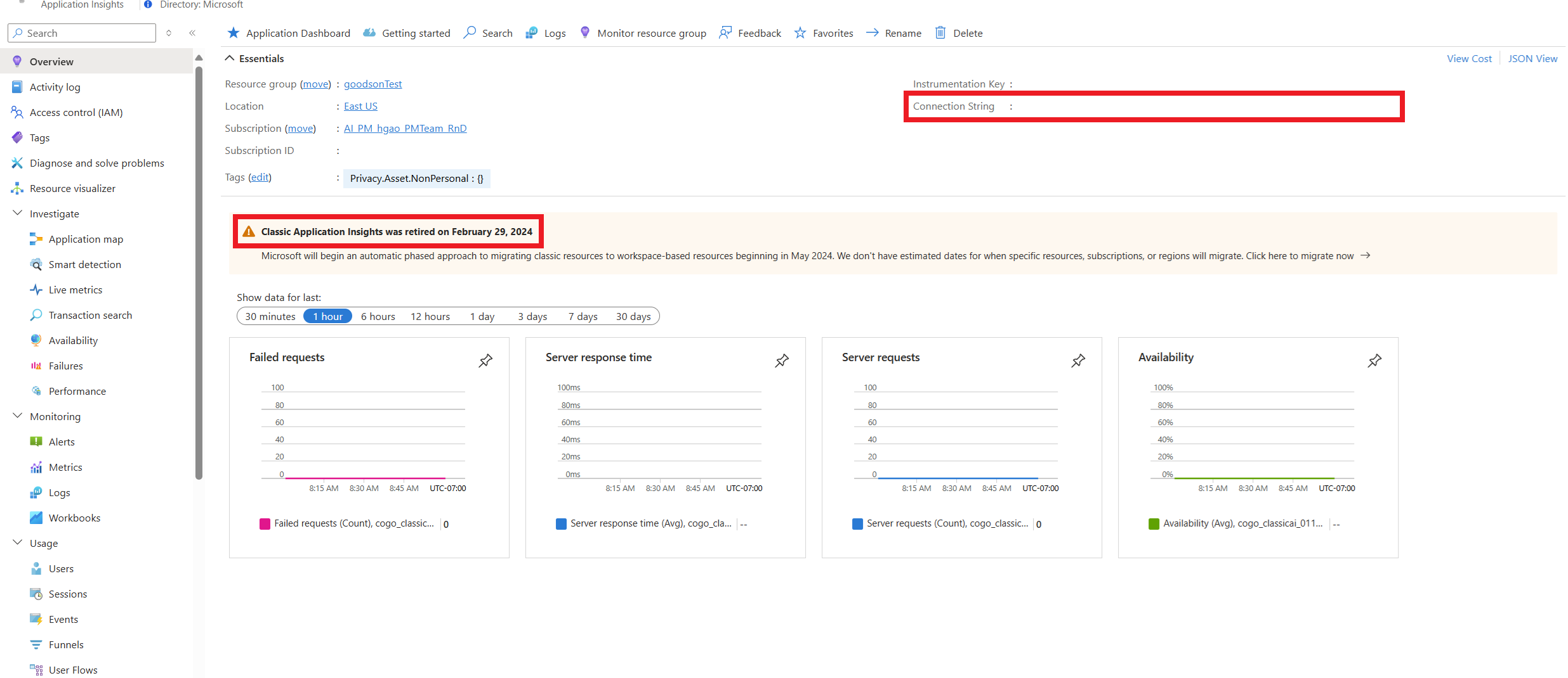 Képernyőkép a klasszikus Application Insights portál áttekintési oldaláról.