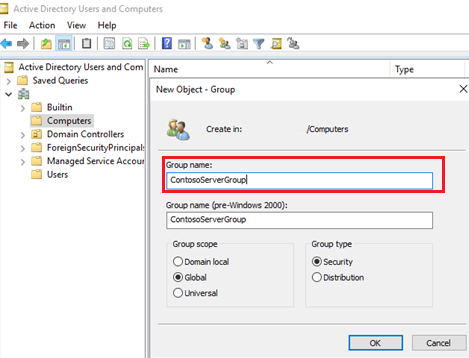 Képernyőkép az Active Directory-számítógépekről.