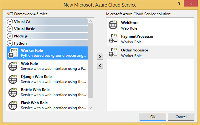 Az Azure Cloud Service párbeszédpanelje