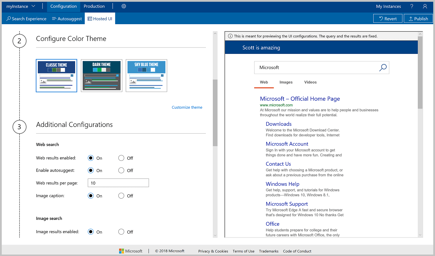 A Hosted UI (Üzemeltetett felhasználói felület) színtémaválasztásának képernyőképe