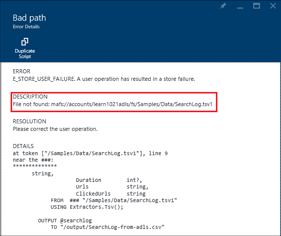 Az Azure Data Lake Analytics sikertelen feladat részletei