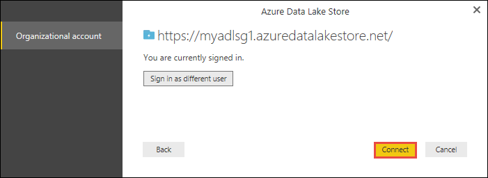 Csatlakozás Data Lake Storage Gen1 Képernyőkép az Azure Data Lake Store párbeszédpanelről, amelyen a Csatlakozás lehetőség ki van hívva.
