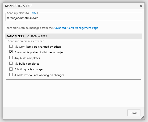 Git alerts for Team Foundation Service