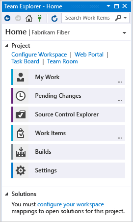 Team Explorer Home page w/ TFVC as source control