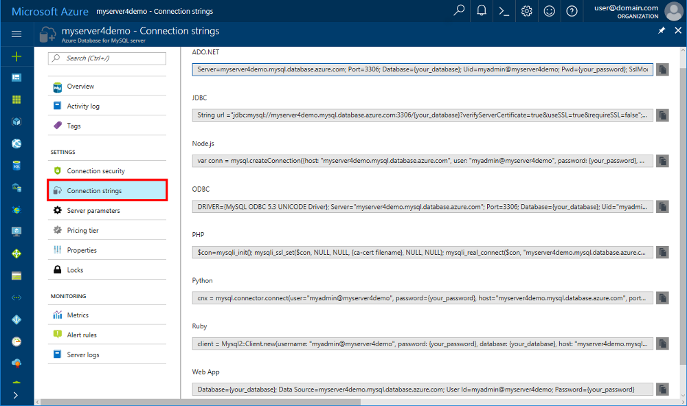 A Kapcsolati sztringek panel az Azure Portalon