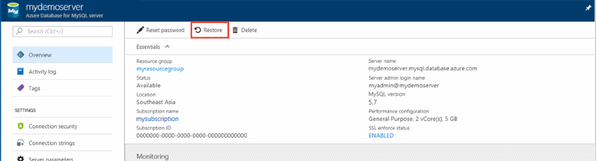 Azure Database for MySQL – Áttekintés – Visszaállítás gomb