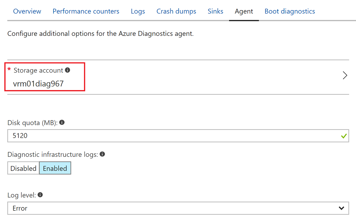 A Azure Diagnostics Beállítások panel képernyőképe