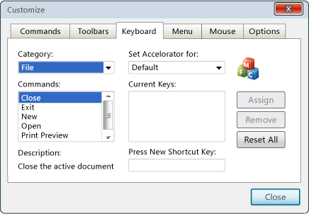 Keyboard tab in the Customize dialog box