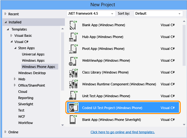 Create new coded UI test for Windows Phone