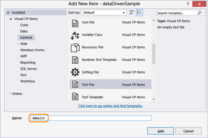 Add a comma seperated value file to the project