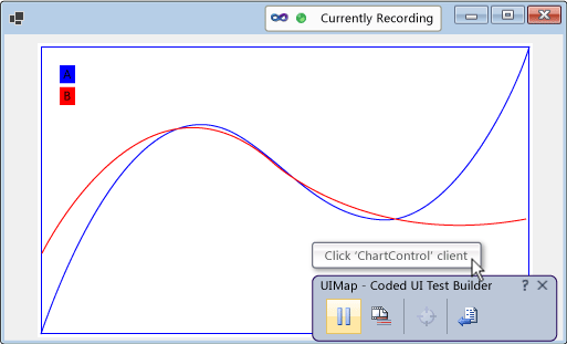 Screenshot of the recording window in the coded UI test builder. The Pause button is highlighted and Click 'ChartControl' client appears in a tool tip.