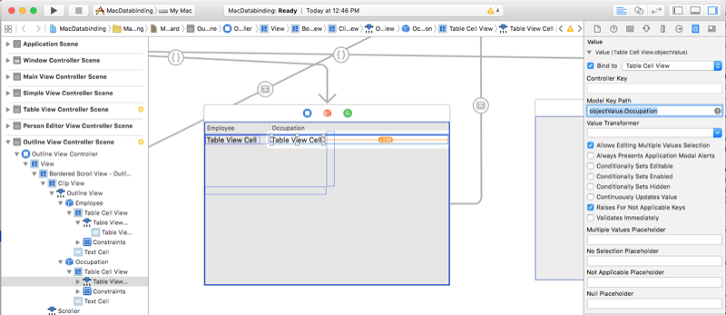 Entering the model key path value objectValue dot Occupation.