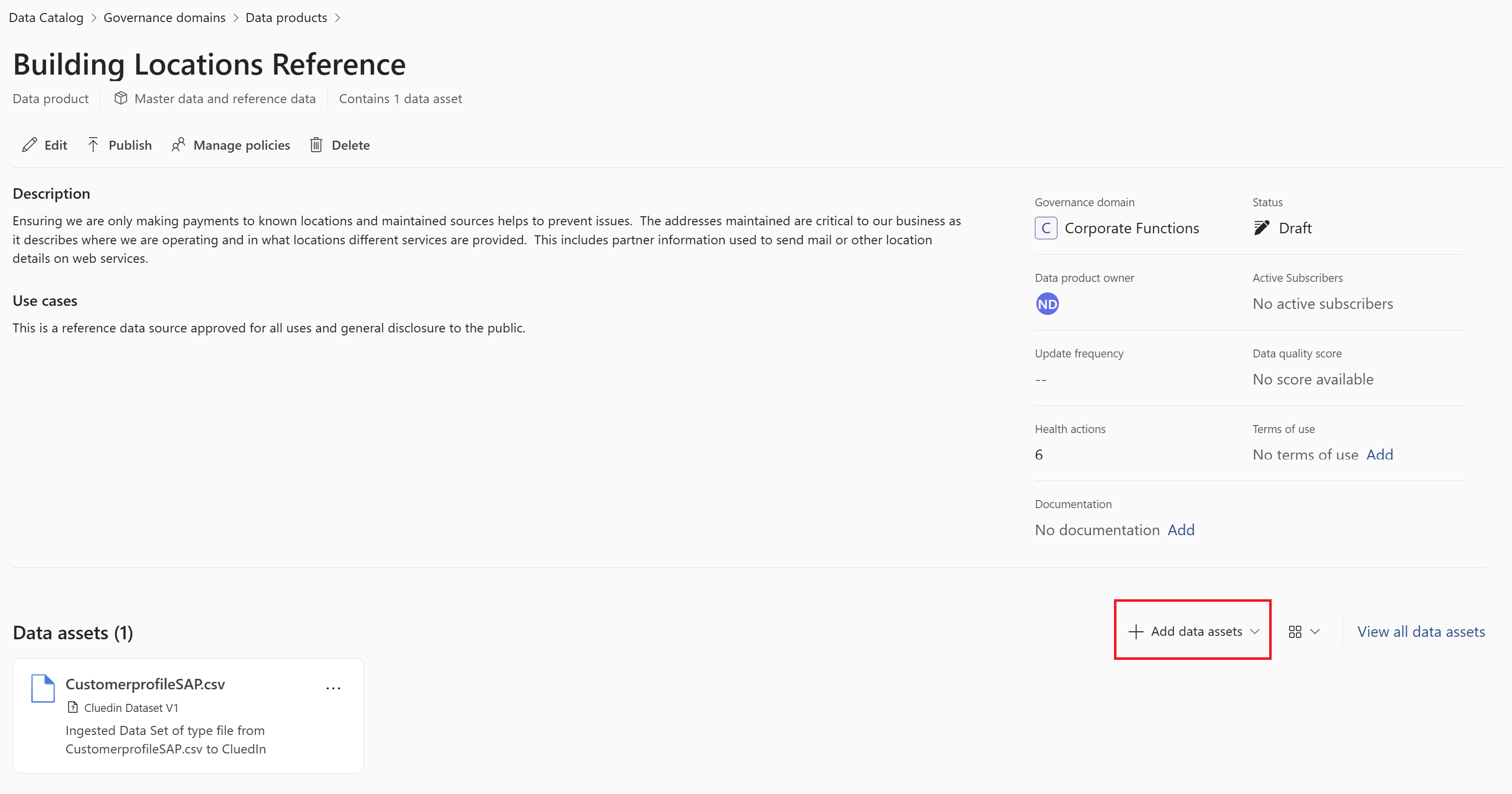 Screenshot of a data product detail page with the add data assets button highlighted.