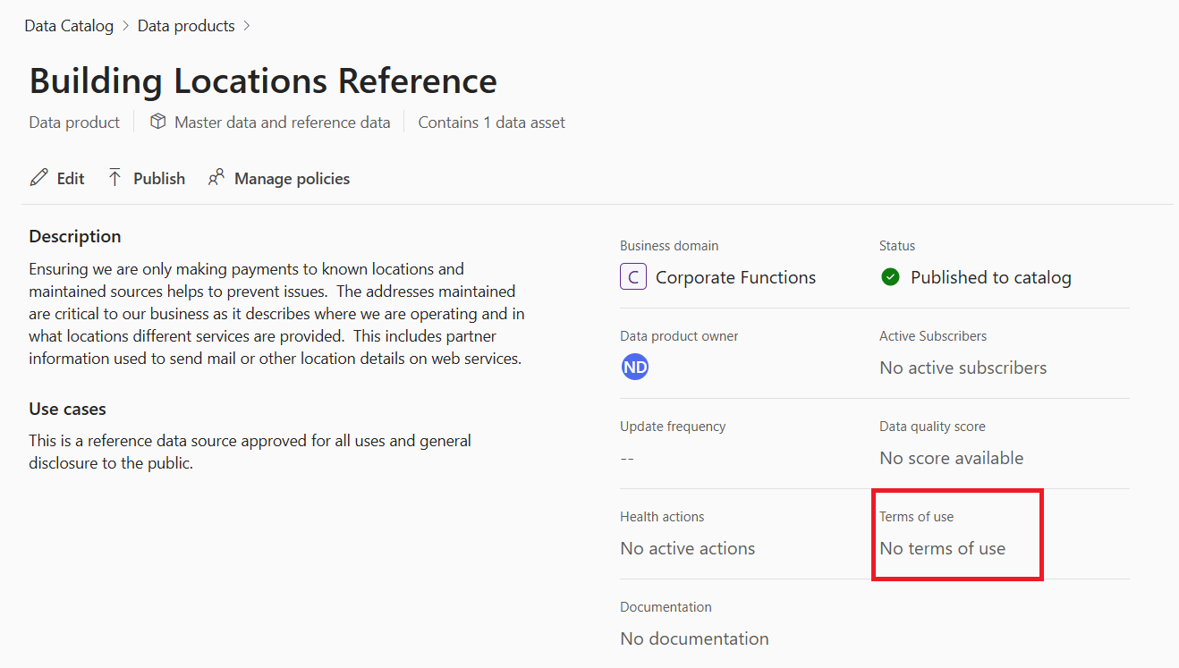 Screenshot of a data product detail page with the terms of use attribute highlighted.