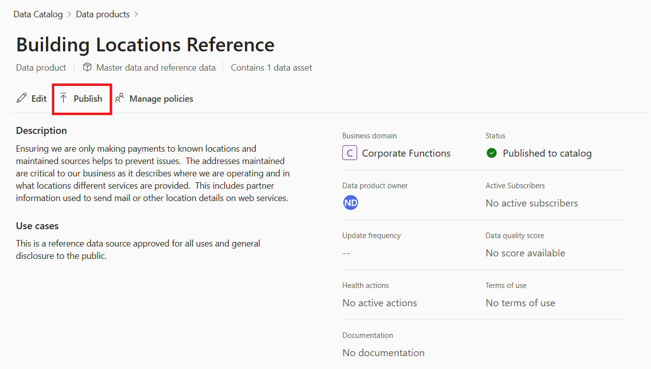 Screenshot of a data product detail page with the publish button highlighted.