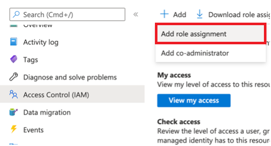 Screenshot of the Access Control menu in the Storage Account with the add button selected and then add role assignment selected.