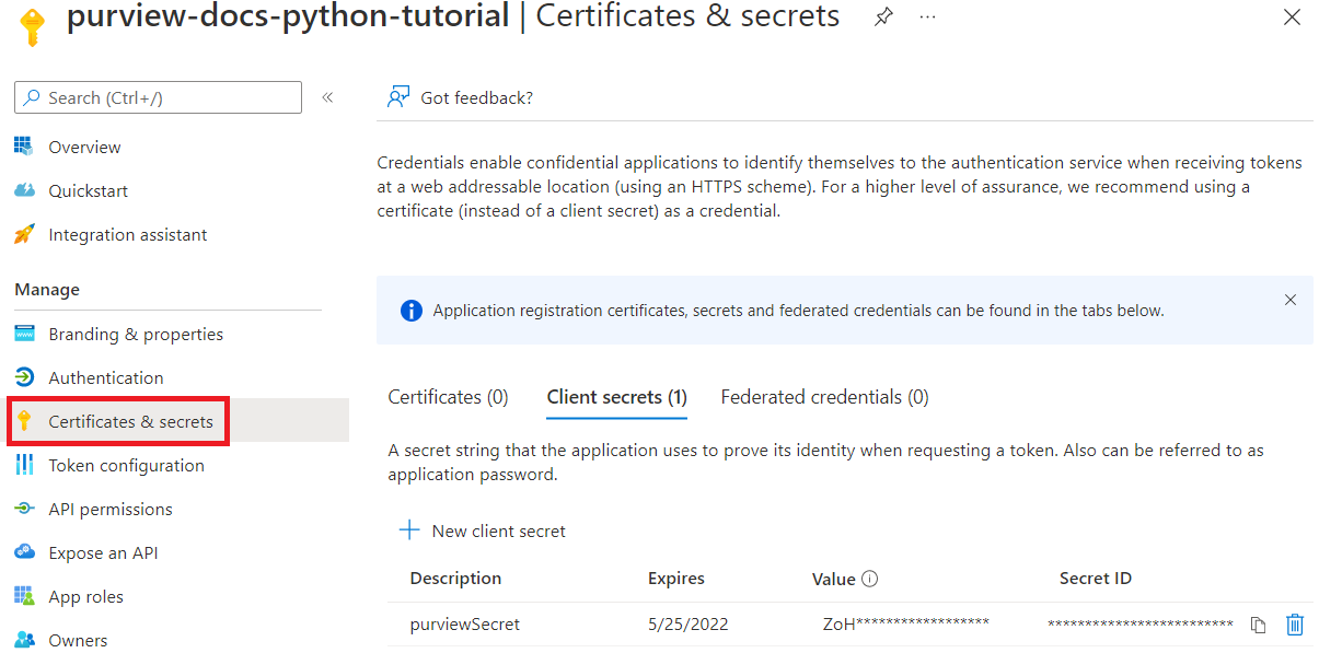 Screenshot of the service principal page in the Azure portal, with the Certificates & secrets tab selected, showing the available client certificates and secrets.
