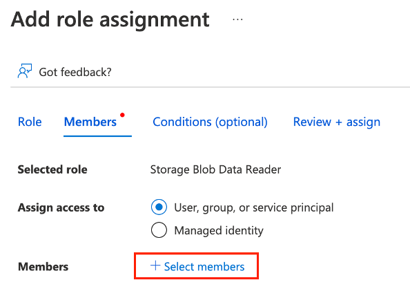 Screenshot of the add role assignment menu with the + Select members button selected.