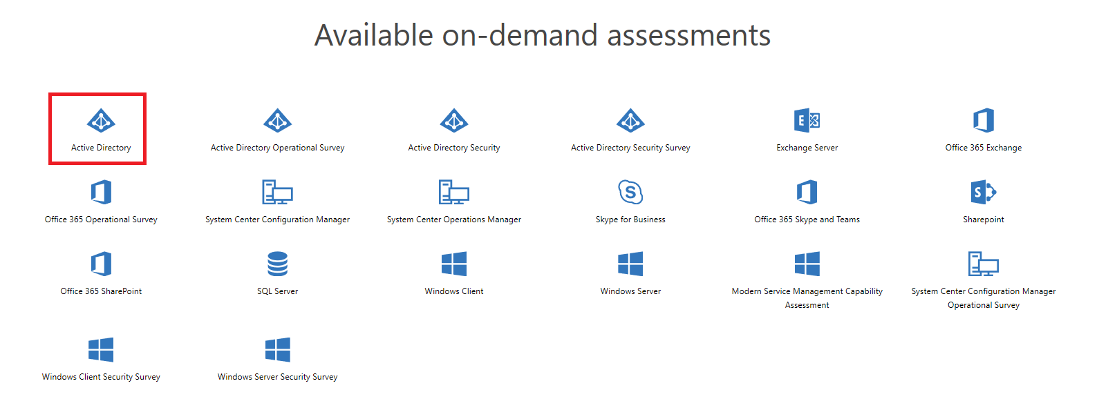 Az Elérhető igény szerinti értékelések lap kiemelt Active Directory-értékeléssel.