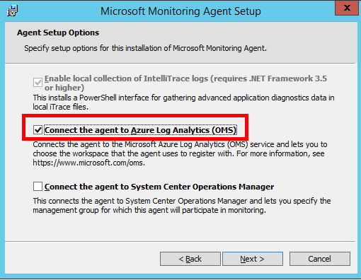 A Microsoft Monitoring Agent telepítőablaka, amelyen az Ügynök csatlakoztatása az Azure Log Analytics O M S-hez lehetőség van kiválasztva.