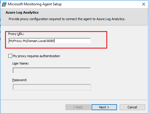 A Microsoft Monitoring Agent telepítőablaka, amely azt mutatja, hogy a proxy URL-címe ki van töltve a proxykiszolgáló adataival.