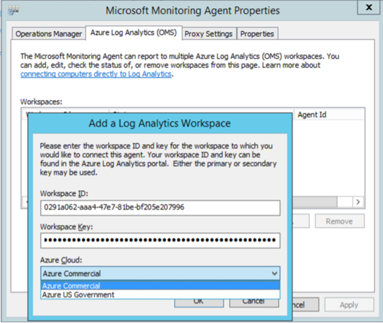 A Log Analytics-munkaterület hozzáadása, amelyen az Azure Commercial elem látható, ki van választva az Azure Cloud legördülő menüből.